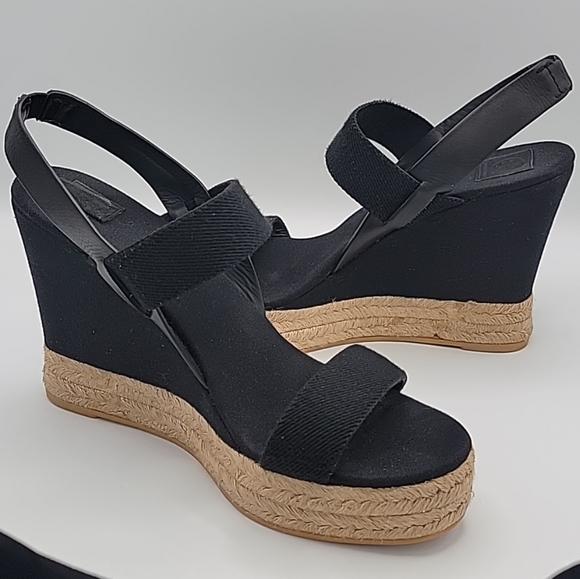 TORY BURCH Wedge Sandal Espadrille Slingback 2 Band Canvas & Leather Black US 10 - Picture 7 of 13